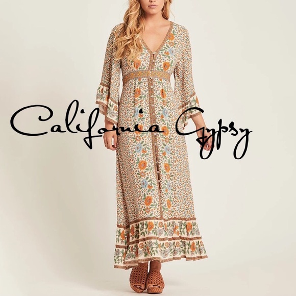 Boho Floral Gypsy Print Maxi Dress Kimono - Picture 3 of 16